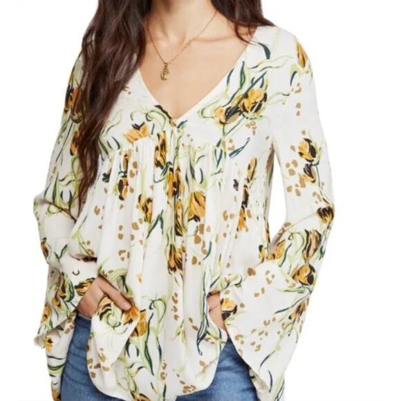 Free People XS Bella Porcelain Tunic Top White & Yellow Floral Boho Baby Doll - Picture 1 of 10